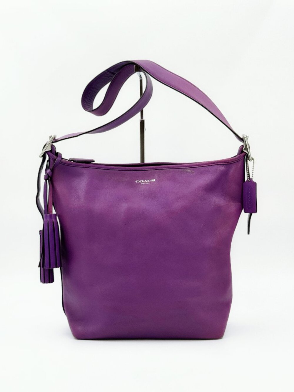 Coach Purple Leather Hobo Shoulder Bag Tassel Silver Hardware Large Tote